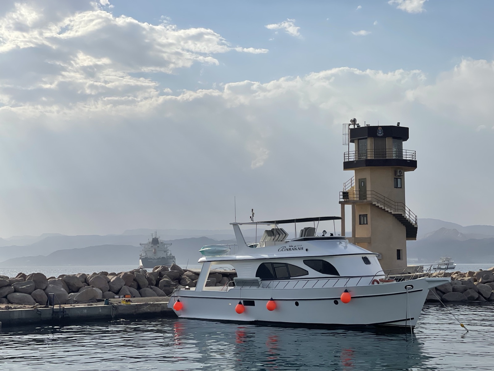 Barakah moored near Aqaba's lighthouse at sunrise